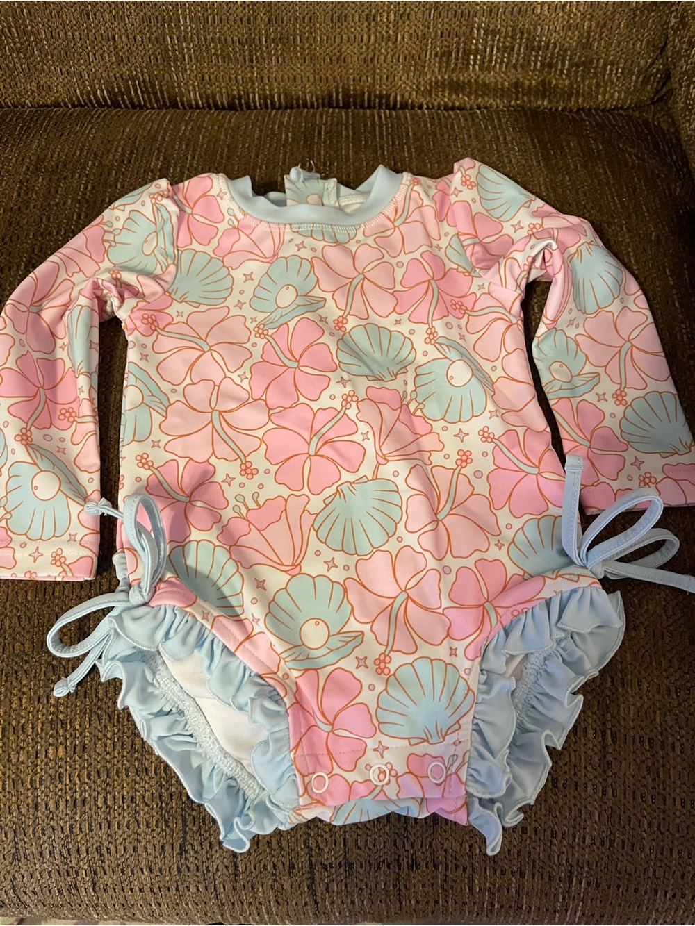 Caden Lane Pink & Light Blue Seashell Floral Long-Sleeve Swim One-Piece